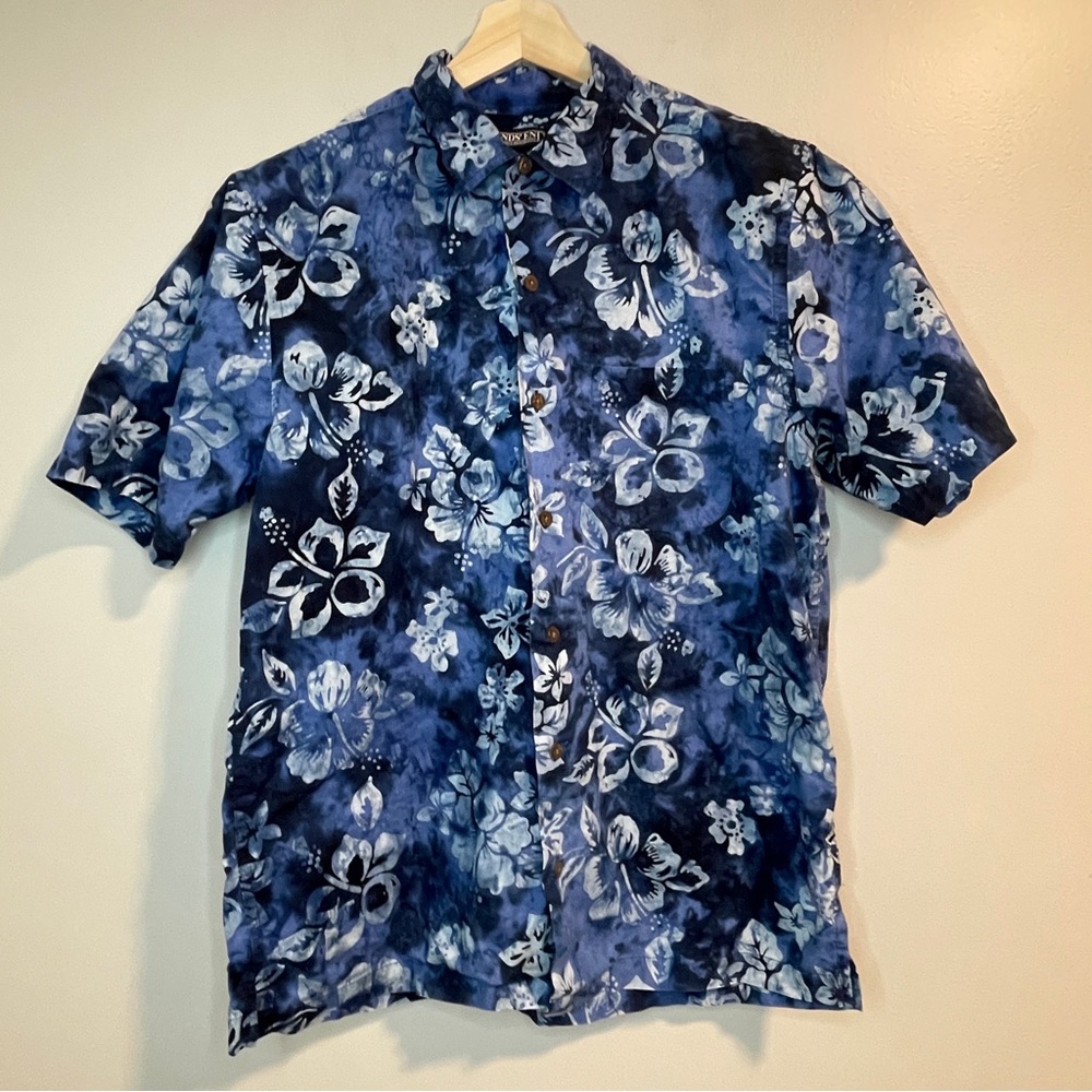 Lands End Hawaiian Shirt Men's M 15-15.5 Blue White Cotton 1 Pocket Short Sleeve